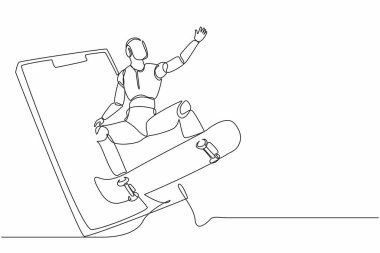 Sürekli bir çizgi çizen robot cep telefonundan çıkıyor ve kaykayla zıplıyor. İnsansı robot sibernetik organizma. Geleceğin robotik geliştirme konsepti. Tek çizgi çizimi tasarım vektörü grafiği