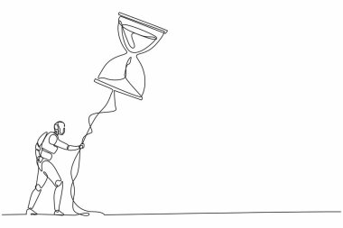 Tek sıra halinde uçan kum saati balonunu halatla tutan robot çiziyor. Modern robotik yapay zeka teknolojisi. Elektronik teknoloji endüstrisi. Bir çizgi çizimi grafik tasarım vektörü