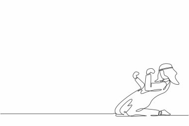 Tek sıra halinde, mutlu Arap işadamı, gol pozuyla diz çöker. Ofis çalışanı şirket finans projesinin başarısını kutluyor. Bir çizgi grafik tasarım vektör çizimi