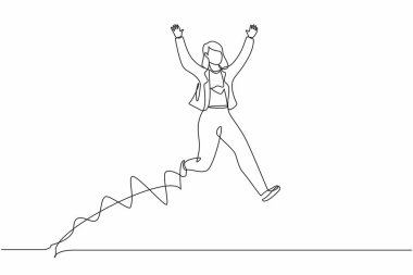 Tek sıra halinde mutlu bir iş kadını iki eli havada atlıyor. Genç satıcı kadın şirketten gelen maaş artışını ve faydaları kutluyor. Bir çizgi çizimi grafik tasarım vektör çizimi