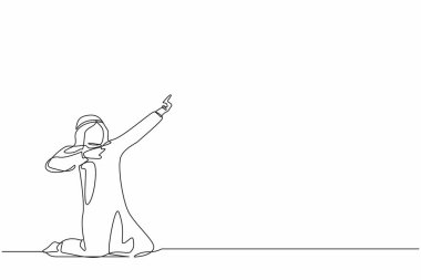 Tek sıra halinde mutlu Arap işadamlarının önünde diz çöküp gol atma pozu veriyorlar. Erkek müdür şirket ürün satışlarının artmasını kutluyor. Tek çizgi çizimi tasarım vektörü grafiği