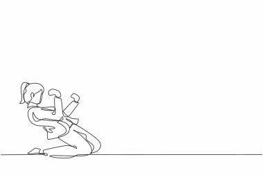 Tek sıra halinde mutlu bir iş kadınını kutlama pozuyla dizlerinin üstüne çöktürüyor. Ofis çalışanı şirket finans projesinin başarısını kutluyor. Aralıksız çizgi çizimi tasarım grafik vektör çizimi