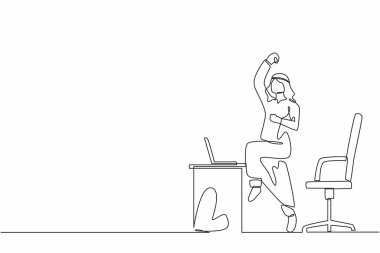 Sürekli mutlu Arap işadamlarının işyerlerinde zıplayıp dans etmelerini sağlayan bir çizgi. Erkek müdür, artan ürün satışlarının başarısını kutluyor. Tek çizgi çizimi tasarım vektörü grafiği