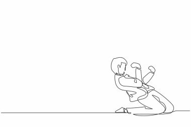 Sürekli bir çizgi halinde mutlu bir işadamı diz çöküp, gol atmayı kutluyor. Ofis çalışanı şirket finans projesinin başarısını kutluyor. Tek çizgi çizimi tasarım vektörü grafik çizimi