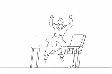 Tek sıra halinde mutlu bir Arap iş kadını iş yerinde elini kaldırarak zıplıyor. Bayan yönetici şirket ürün satışlarının artmasını kutluyor. Devamlı çizgi tasarım grafik vektörü