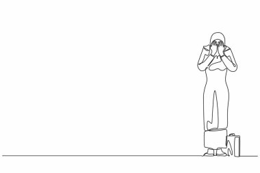 Tek sıra halinde, Arap iş kadını yüzünü elleriyle kapatıp ağlıyor. Depresyon bozukluğu, üzüntü, üzüntü, hayal kırıklığı. Psikolojik terapi, tedavi. Bir çizgi grafik tasarım vektörü