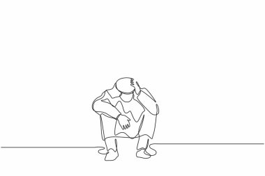 Arap işadamının üzgün, depresyonda, başını tutup yerde oturduğu tek sıra. Hüsrana uğramış işçi zihinsel sağlık sorunları. Bir çizgi çizimi grafik tasarım vektör çizimi