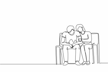 Tek sıra halinde, kanepede oturan, depresif bir adamın omzuna sarılan ve ona yardım etmeye ya da destek olmaya çalışan şefkatli genç bir kadın. Destek, zihinsel depresyon. Devamlı çizgi çizimi tasarım vektörü grafiği