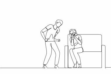 Single continuous line drawing man abusing woman. Young couple quarrel, guy screaming and girl crying sitting on sofa. Family violence. Emotional person arguing. One line draw graphic design vector clipart