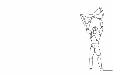 Devasa kum saatini kaldıran robotları çeken tek sıra. Modern robotik yapay zeka teknolojisi. Elektronik teknoloji endüstrisi. Bir çizgi çizimi grafik tasarım vektör çizimi