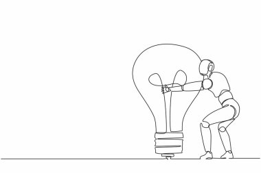 Devamlı tek sıra halinde robotlar büyük ampullere sarılıyor. Modern robotik yapay zeka teknolojisi. Elektronik teknoloji endüstrisi. Bir çizgi çizimi grafik tasarım vektör çizimi