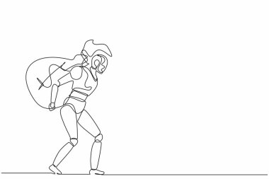 Devamlı çizim yapan robotlar yüklü miktarda para çantası taşıyorlar. İnsansı robot sibernetik organizma. Geleceğin robotik geliştirme konsepti. Tek çizgi çizimi tasarım vektörü grafik çizimi