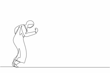 Tek sıra halinde mutlu bir Arap iş kadını eğilip evet hareketi yapacak. Ofis çalışanı şirket projesinin başarısını kutluyor. Başarılı bir zafer. Devamlı çizgi tasarımı grafik vektör illüstrasyonu