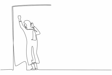 Bir satırda Arap iş kadınını üzgün üzgün ağlarken çekmesi fırsatını kaçırdı. Depresyondaki ofis çalışanı duvarda feryat ediyor işini kaybediyor. Depresyon bozukluğu, keder. Devamlı çizgi tasarım grafik vektörü