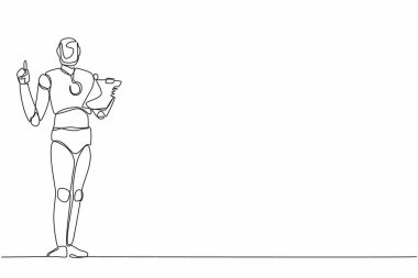 Devamlı bir çizgi çiziyor, robotlar pano tutuyor ve işaret parmağını yukarı kaldırıyor. İnsansı robot sibernetik organizma. Geleceğin robotik geliştirme konsepti. Tek çizgi çizimi tasarım vektör çizimi