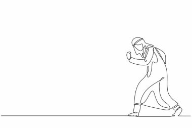 Tek sıra halinde mutlu Arap işadamını selamla ve evet işareti yap. Ofis çalışanı şirket projesinin başarısını kutluyor. Başarılı bir zafer. Aralıksız çizgi çizimi tasarım grafik vektör çizimi