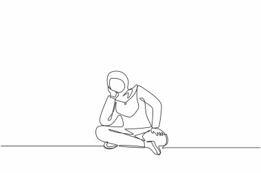 Sorular soran ya da başı belaya girdiği için kafası karışan Arap iş kadını çizen tek satır. Fikir tükeniyor, hayal kuruyor, üzgün, depresif. Devamlı çizgi tasarım grafik vektörü