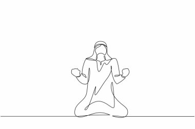 Sürekli mutlu Arap işadamlarının iki eliyle diz çöktüğü bir çizgi evet işareti yapar. Erkek müdür şirket ürün satışlarının artmasını kutluyor. Tek çizgi çizimi tasarım vektörü grafiği