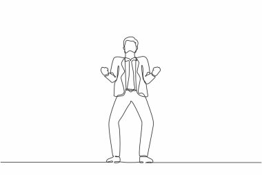 İki eliyle ayakta duran mutlu iş adamını çeken bir çizgi sürekli evet işareti yapar. Genç ofis çalışanı şirket projesinin başarısını kutluyor. Tek çizgi çizimi tasarım vektörü grafik çizimi