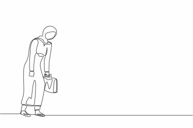 Sürekli bir çizgi halinde üzgün bir Arap iş kadını elinde evrak çantasıyla aşağıya bakıyor. Zihinsel baskı ya da stres yaşayan bir kadın. Küresel ekonomik durgunluk üzerine iflas. Tek çizgi tasarım vektörü grafiği