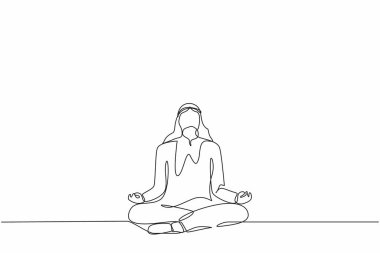 Arap iş adamının yoga yaparken çizdiği tek sıra. Ofis çalışanı yoga pozu, meditasyon, rahatlama, sakinleşme ve stresle başa çıkma. Bir çizgi çizimi grafik tasarım vektör çizimi