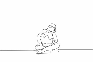 Sorular soran ya da başı belaya girdiği için kafası karışan Arap işadamlarının çizdiği tek satır. Fikirlerim tükeniyor, hayal kuruyorum, üzgünüm, depresyondayım. Devamlı çizgi tasarım grafik vektörü