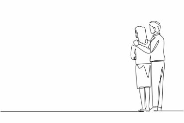 Aralıksız tek sıra halinde geriye dönüp bakan mutlu erkek kadın kucaklayan ve kucaklayan sevgi dolu çift. Erkek kadın arkadan sarılmış. Aşk, bağlantı, romantik duygular. Tek çizgi çizimi tasarım vektör çizimi