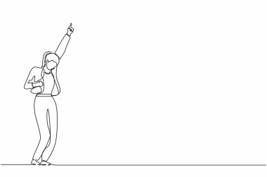 Single continuous line drawing happy businesswoman standing with raise one hand and the other hand pose yes. Office worker celebrate success of company project. One line draw graphic design vector clipart