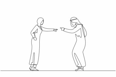 Sürekli bir çizgi halinde öfkeli, agresif bir Arap çift karı koca bağırıyor ve kavga ediyorlar. Şiddetli tartışma ya da anlaşmazlık. Tek çizgi çizimi tasarım vektörü grafiği