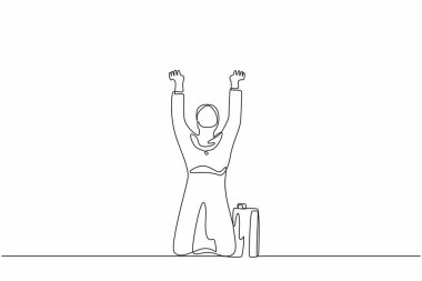 Üzücü bir şekilde çizilen tek çizgi, Arap iş kadınının diz çöküp dua etmesine neden oldu. Para kaybetmek, ekonomik kriz, iflas, depresyon. Dişi, dizlerinin üstünde duruyor. Devamlı çizgi çizimi grafik vektörü