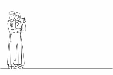 Hüzünlü Arap çifti sürekli olarak negatif hamilelik testine bakıp kısırlık fikrine yöneltiyor. Kadın ve erkek çocuk sahibi olamazlar. Mutsuz ebeveynler. Bir çizgi grafik tasarım vektör çizimi