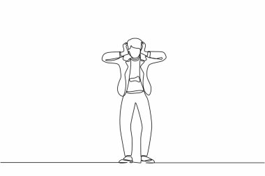 Sürekli baş ağrısı, baş ağrısı, migren, sağlık sorunları, baş ağrısı, duygu, stres işi, yorgunluk ve ıstırap çeken stresli iş kadınlarını çiziyor. Tek çizgi çizimi tasarım vektörü grafiği