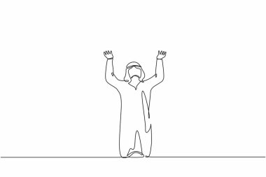 Arap işadamının diz çöküp dua etmesi üzücü. Para kaybetmek, ekonomik kriz, iflas, depresyon. Erkek, dizlerinin üstünde duruyor. bir çizgi çizimi tasarım vektör çizimi