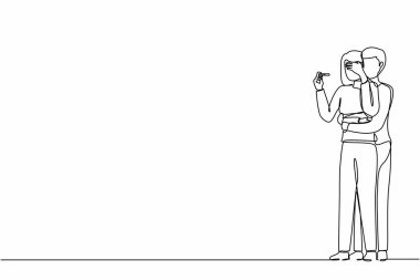 Tek sıra halinde üzgün çiftleri negatif hamilelik testine, kısırlık fikrine çekiyor. Kadın ve erkek çocuk sahibi olamazlar. Mutsuz ebeveynler. Bir çizgi çizimi grafik tasarım vektör çizimi