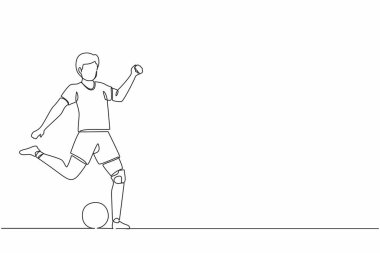 Tek sıra, futbol oynayan engelli bir sporcuyu çekiyor. Bacak protezi olan engelli futbolcu. Maç, rekabet. Engelli spor eğitimi. Devamlı çizgi çizimi grafik vektörü