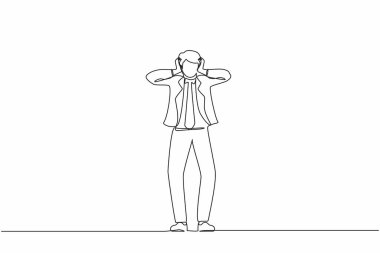 Sürekli başı ağrıyan, başı ağrıyan, başı ağrıyan, başı ağrıyan, duygusal, stresli, yorgun, acı çeken işadamlarının çizdiği bir çizgi. Tek çizgi tasarım vektör çizimi