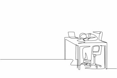 Tek sıra halinde yorgun, yorgun, yorgun bir Arap kadın yöneticiyi dizüstü bilgisayar başında otururken hayal kırıklığına uğratmak. Hüsrana uğramış işçi zihinsel sağlık sorunları. Devamlı çizgi tasarım grafik vektörü