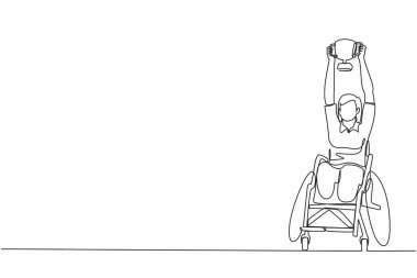 Tek sıra halinde tekerlekli sandalyedeki engelli kadın altın kupa sahibi. - Evet. Maç turnuvası, spor antrenmanı, meydan okuma. Devamlı çizgi tasarım grafik vektörü