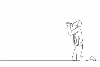 Tek sıra halinde iş adamı ya da yönetici dizlerinin üstüne çöküp yardım istiyor. Takım elbiseli adam dua ediyor. Psikolojik tedavi ve tedavi. Bir çizgi grafik tasarım vektör çizimi