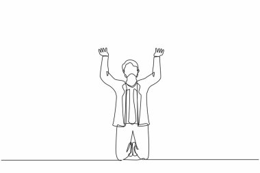 Sürekli dizlerinin üstüne çöküp dua eden üzgün ve şok olmuş işadamını çeken bir satır. Para kaybetmek, ekonomik kriz, iflas, depresyon. Erkek, dizlerinin üstünde duruyor. Tek çizgi tasarım vektör grafik çizimi