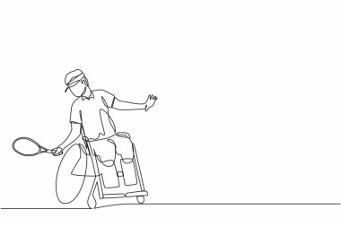 Tekerlekli sandalyeli bir sporcunun tenis oynaması. Toplum kavramı, engelli insanlar topluluğu. Hobiler, ilgi alanları. Tek çizgi tasarım vektör grafik çizimi