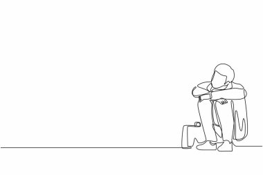 Depresyondaki işadamını sürekli etkileyen bir çizgi. Üzüntü, hüzün, stres ve yerde umutsuzluk içinde duran evrak çantası. İşçi üzgün jest ifadesi. Tek çizgi çizme tasarım vektörü