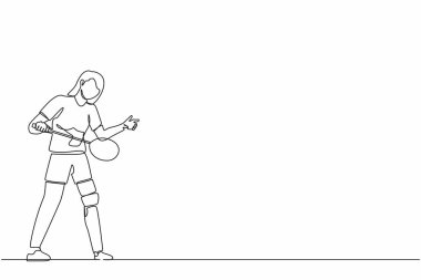 Tek sıra halinde, badminton oynayan bayan sporcu çiziyor. Protez bacaklı bir kadın raket tutuyor. Engelli biri spor yapıyor. Bir çizgi grafik tasarım vektörü