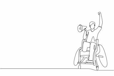 Tek sıra halinde tekerlekli sandalyedeki mutlu engelli genç adam megafonla futbol takımını kazanmasını kutluyor. Futbol taraftarı tekerlekli sandalye kullanıcısı. Devamlı çizgi çizimi grafik vektörü
