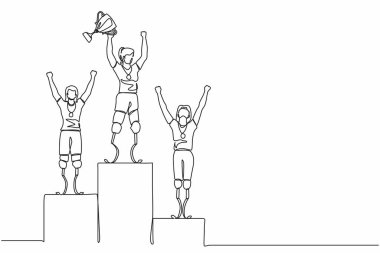 Aralıksız tek sıra halinde engelli bir kadının podyumda altın kupa tutarak yarışmayı kazanmasını çekiyor. Engelli yarışması, şampiyonluk. Bir çizgi çizimi grafik tasarım vektör çizimi