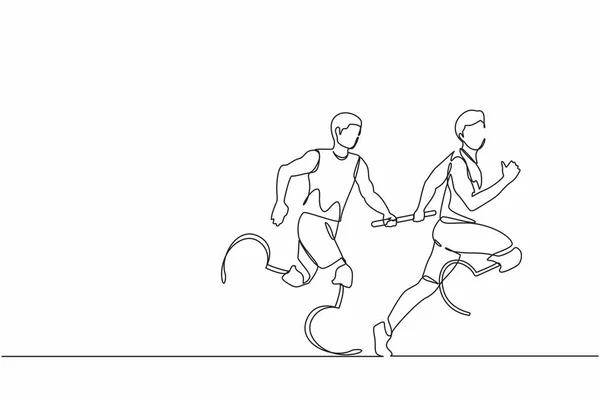 障害者男性 切断者アスリート バトンを引き渡すリレーレースで走る切断者を持つ2人の障害者ランナーを描く連続1行 1本の線画ベクトルグラフィック — ストックベクタ