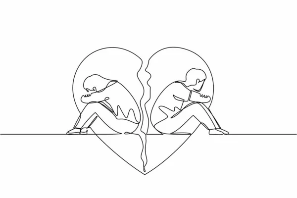 独身男性と女性のカップルを描く バック 悲しいとお互いに怒って座っている 関係の問題 心の分裂 連続線グラフィックデザインベクトル — ストックベクタ