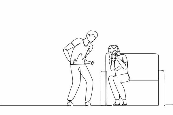 一本の連続線画男が女を虐待 若い夫婦喧嘩 男叫びと少女ソファの上に座って泣いて 家庭内暴力 感情的な人の議論 グラフィックデザインベクトルを描く1行 — ストックベクタ