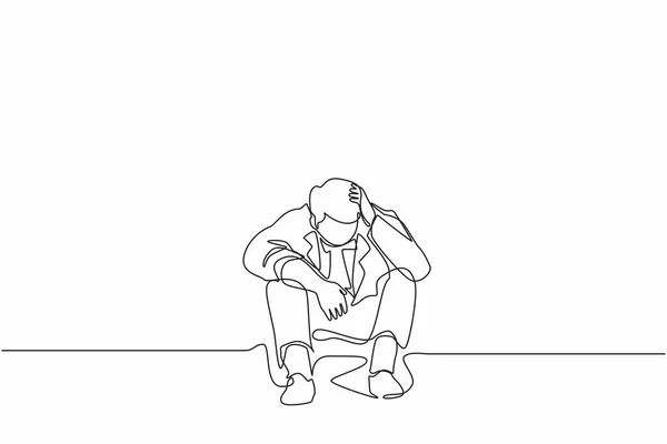Jedna Čára Kreslí Obchodníka Cítí Smutek Depresi Drží Hlavu Sedí — Stockový vektor