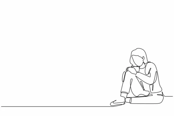 单行画非常悲伤的女商人一个人坐在地板上 抑郁的年轻女人多愁善感悲伤失望的症状连续线条绘图设计图形矢量插图 — 图库矢量图片